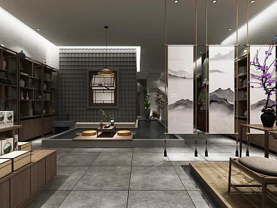 Traditional Chinese Interior Design With Wooden Bookshelves Landscape Screens Tea Table And Tatami Seating 3d model