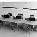 Modern Office Desk Setup With Multiple Workstations Ergonomic Chairs Dual Monitors And Hanging Lights 3d model