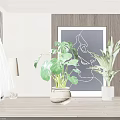Decorative Monstera Potted Plant in Interior with Curtain Floor Lamp Line Art and Wooden Floor