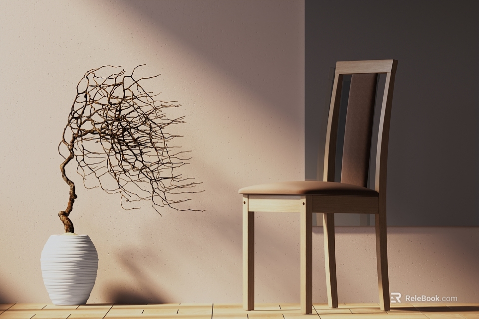 Single Chair With Light Colored Wall Wooden Floor And White Vase With Dried Branches 3d model 