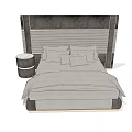 Modern Double Bed With Upholstered Gray Black Headboard Round Nightstand Pillows And Bedspread