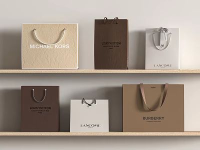Luxury Brand Shopping Bags Including Michael Kors Louis Vuitton Lancôme Burberry Displayed On Wooden Shelves 3d model