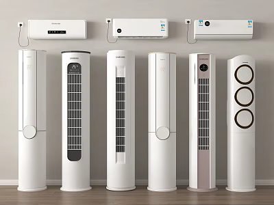 Modern Wall Mounted Air Conditioners and Tower Fans with Digital Displays in White Design 3d model