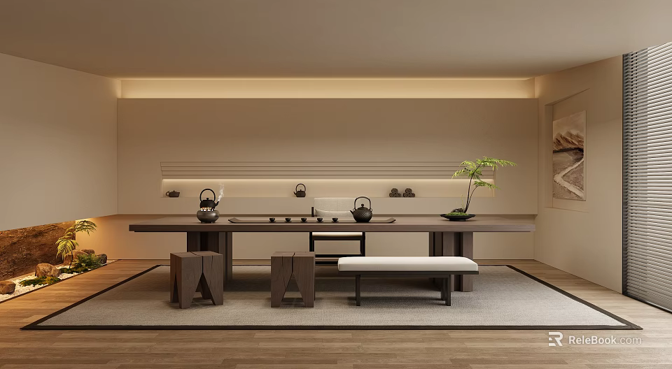Modern Tea Room Interior with Long Wooden Table Stools Bench Tea Sets And Green Plant 3d model 