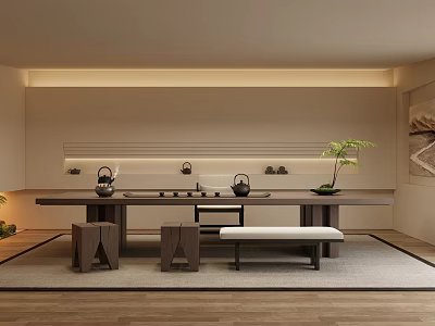 Modern Tea Room Interior with Long Wooden Table Stools Bench Tea Sets And Green Plant 3d model