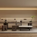 Modern Tea Room Interior with Long Wooden Table Stools Bench Tea Sets And Green Plant