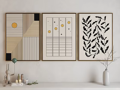 Three Decorative Paintings With Geometric Leaf Patterns Hanging On Wall And Decorative Items On Shelf 3d model