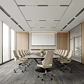 Modern Conference Room Interior With Long Table White Chairs Projection Screen And Large Windows