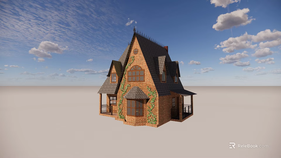 Detached Villa With Brick Exterior Ivy Climbing Walls And Steep Dark Roof 3d model 