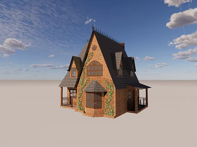 Detached Villa With Brick Exterior Ivy Climbing Walls And Steep Dark Roof 3d model