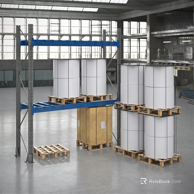 Industrial Warehouse Storage Racks With Metal Frames Blue Beams Pallets And Cylindrical Rolls 3d model 