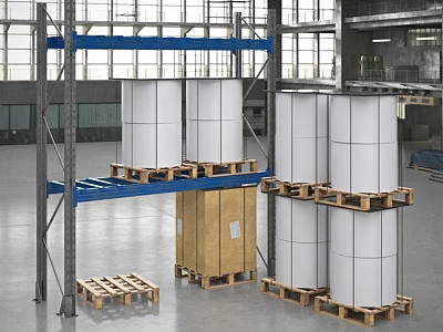 Industrial Warehouse Storage Racks With Metal Frames Blue Beams Pallets And Cylindrical Rolls 3d model