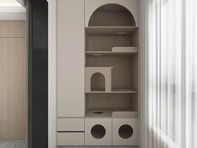 Modern Home Balcony With Wooden Shelves Cat House And Light Curtains 3d model