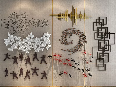 Creative Wall Decor With Geometric Shapes Golden Lines Spiral Design Square Frames And Silhouettes 3d model