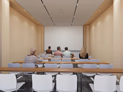 Modern Conference Room Interior With Projection Screen White Chairs Wooden Tables And Beige Walls 3d model
