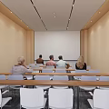 Modern Conference Room Interior With Projection Screen White Chairs Wooden Tables And Beige Walls