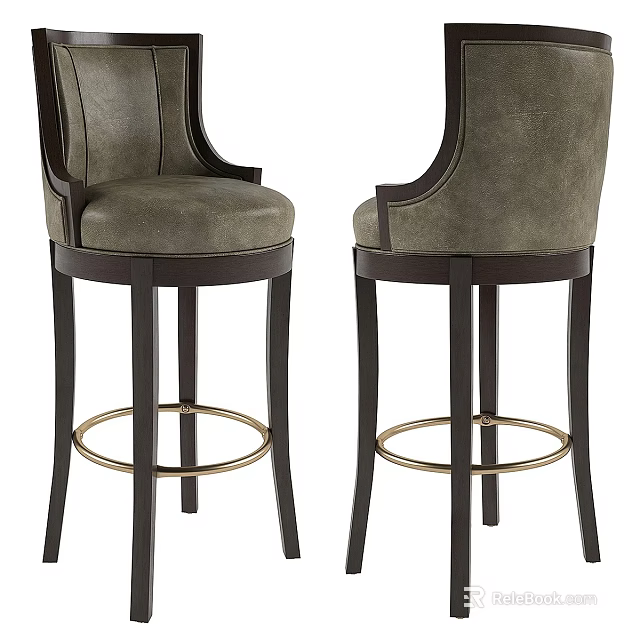 Elegant Bar Stools With Gray Upholstered Seats Dark Wooden Legs And Gold Footrest Rings 3d model 