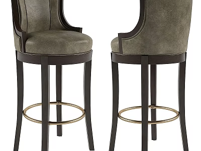 Elegant Bar Stools With Gray Upholstered Seats Dark Wooden Legs And Gold Footrest Rings 3d model