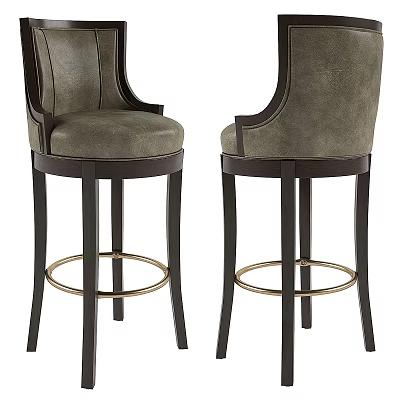 Elegant Bar Stools With Gray Upholstered Seats Dark Wooden Legs And Gold Footrest Rings 3d model