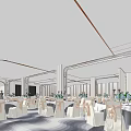 Elegant Banquet Hall Interior Setup With Tables Chairs And Large Screen Decorations 3d model