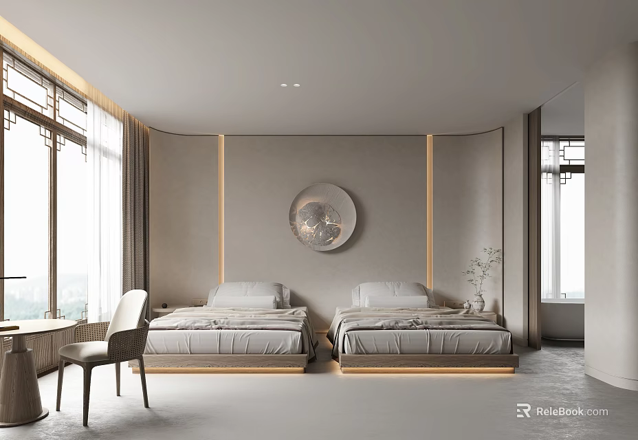 Modern Minimalist Hotel Room Interior With Twin Beds Circular Decor And Large Windows 3d model 