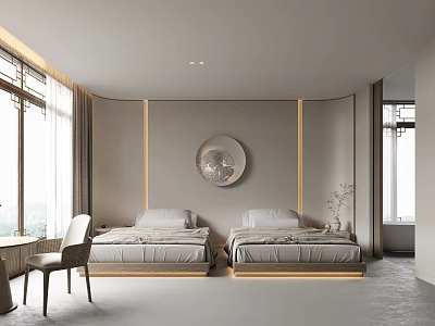 Modern Minimalist Hotel Room Interior With Twin Beds Circular Decor And Large Windows 3d model