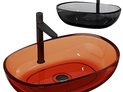Transparent Glass Oval Washbasins in Red and Black with Black Faucet Design 3d model
