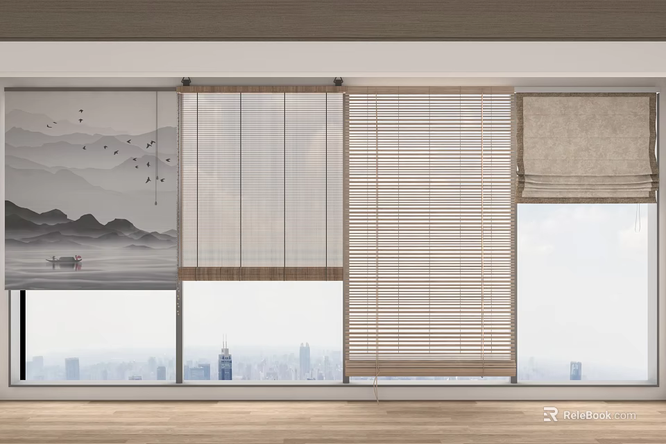 Natural Wooden Blinds On Large Window With City View And Modern Interior Design 3d model 