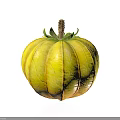 Fresh Yellow Striped Pumpkin With Green Leaves And Stem On White Background