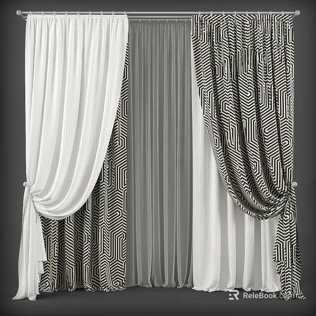 Modern Curtains With White Sheer Gray And Black Geometric Pattern Design 3d model 