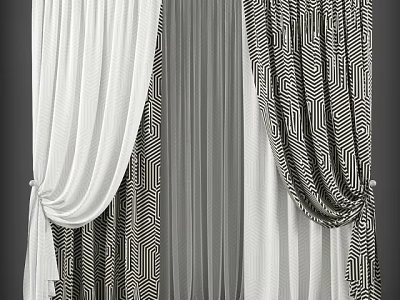 Modern Curtains With White Sheer Gray And Black Geometric Pattern Design 3d model