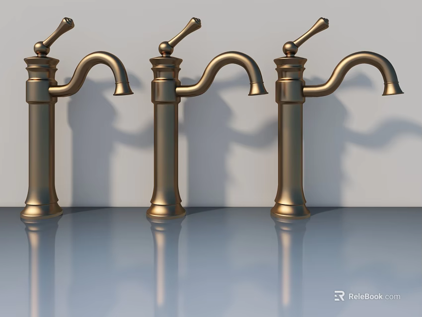 Three Brass Classic Faucets With Shiny Surface And Reflections In Modern Design 3d model 