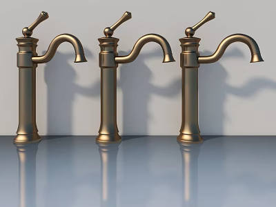 Three Brass Classic Faucets With Shiny Surface And Reflections In Modern Design 3d model
