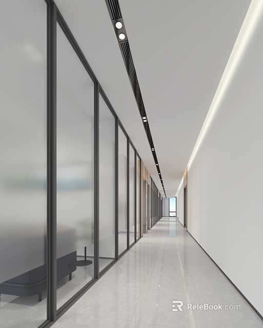 Modern Office Corridor With Glass Partitions White Walls And Ceiling Light Strips 3d model 