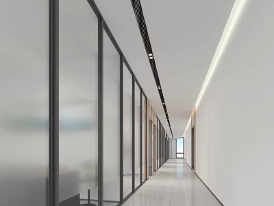 Modern Office Corridor With Glass Partitions White Walls And Ceiling Light Strips 3d model