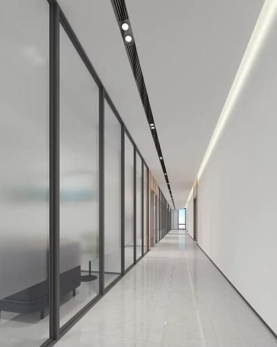 Modern Office Corridor With Glass Partitions White Walls And Ceiling Light Strips 3d model