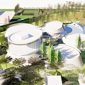 Modern Circular White Sales Office Building Surrounded By Green Trees And Lawn