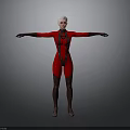 Woman in Red Bodysuit with Short Hair and Outstretched Arms Against Gray Background