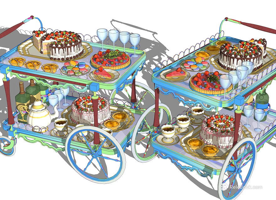 Assorted Cakes Fresh Fruits And Drinks On Decorative Dessert Carts 3d model 
