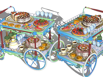 Assorted Cakes Fresh Fruits And Drinks On Decorative Dessert Carts 3d model