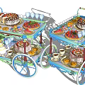 Assorted Cakes Fresh Fruits And Drinks On Decorative Dessert Carts