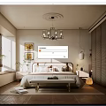 Modern Cozy Bedroom Interior Design With Chandelier Wooden Floor Paintings Bed Bench And Window Shutters