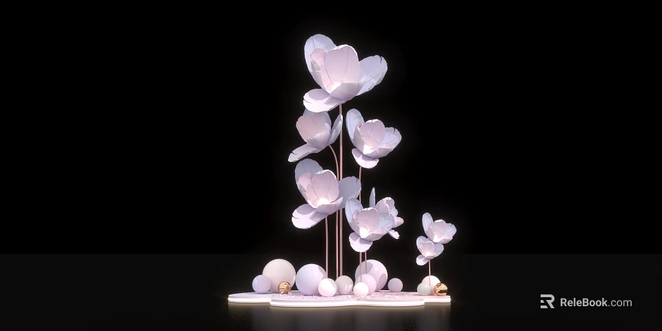 Floral Art Installation Featuring White Flowers in Various Sizes with Round Base Decorations 3d model 