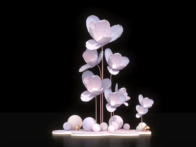 Floral Art Installation Featuring White Flowers in Various Sizes with Round Base Decorations 3d model