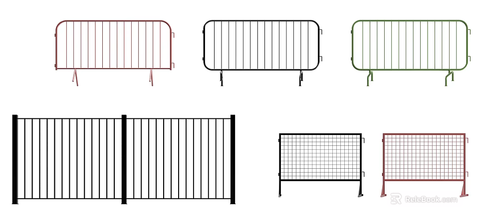 Various Types Of Metal Fences With Red Green Black Colors And Barred Mesh Designs 3d model 