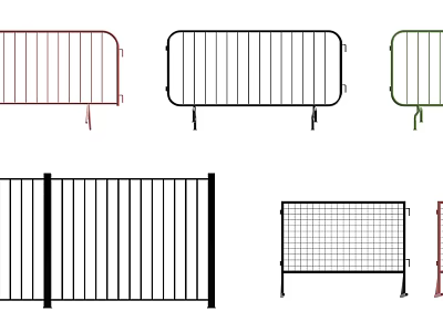 Various Types Of Metal Fences With Red Green Black Colors And Barred Mesh Designs 3d model