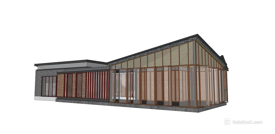 Modern Architecture With Wooden Elements And Glass Facade Sloped Roof Design 3d model 