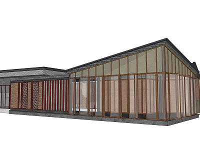 Modern Architecture With Wooden Elements And Glass Facade Sloped Roof Design 3d model