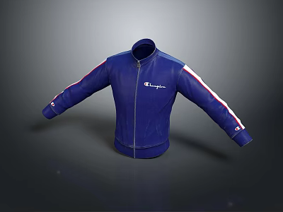 Champion Blue Zip Up Jacket With White And Red Striped Sleeves And Logo 3d model