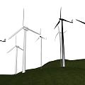 Industrial Wind Turbines Operating On Green Hillside Under Blue Sky With White Clouds